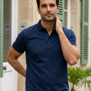Homme portant un polo bleu marine ajusté devant une maison de style européen.