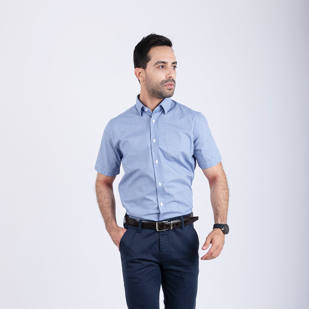 Chemise manche courte bleu carreaux 1 Chemise manche courte bleu carreaux