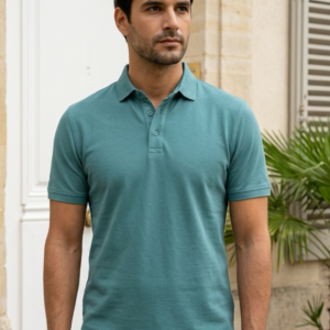 Homme portant un polo turquoise coupe classique avec un pantalon beige, posant en extérieur devant une porte