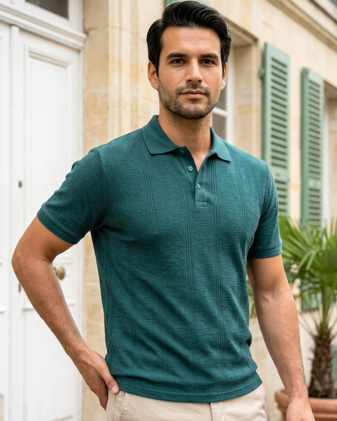 Polo Vert Sapin Texturé pour Homme – Coupe Classique 1 Polo Vert Sapin Texturé pour Homme – Coupe Classique