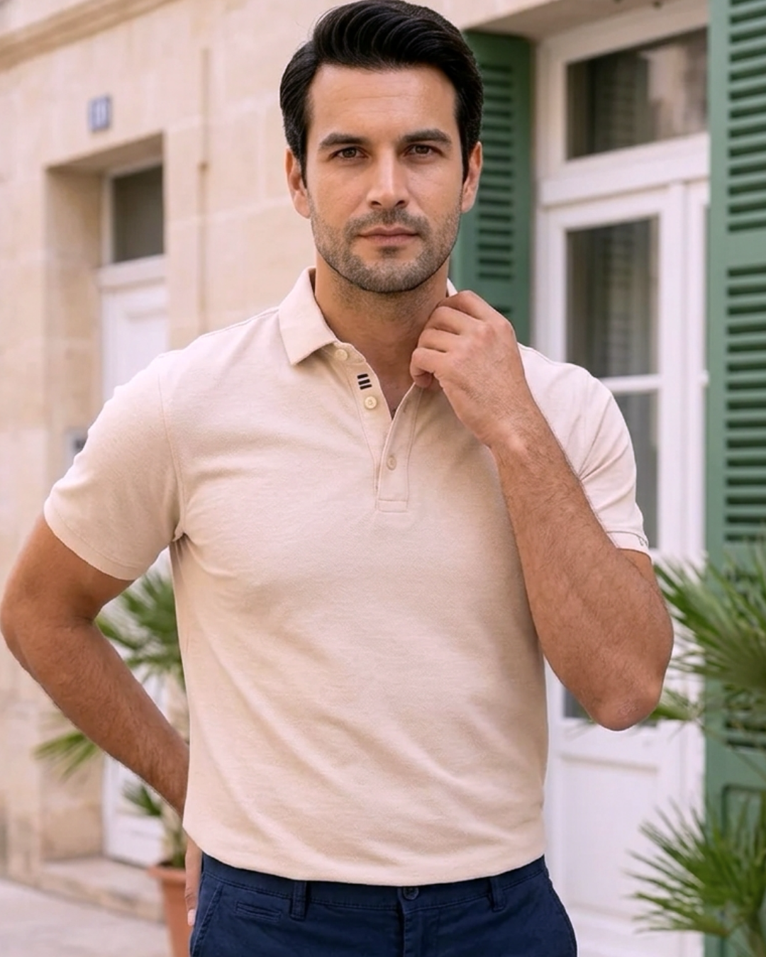 Polo Beige Rosé pour Homme– Coupe Droite 1 Homme portant un polo beige rosé coupe classique et un pantalon bleu marine, devant une façade claire.