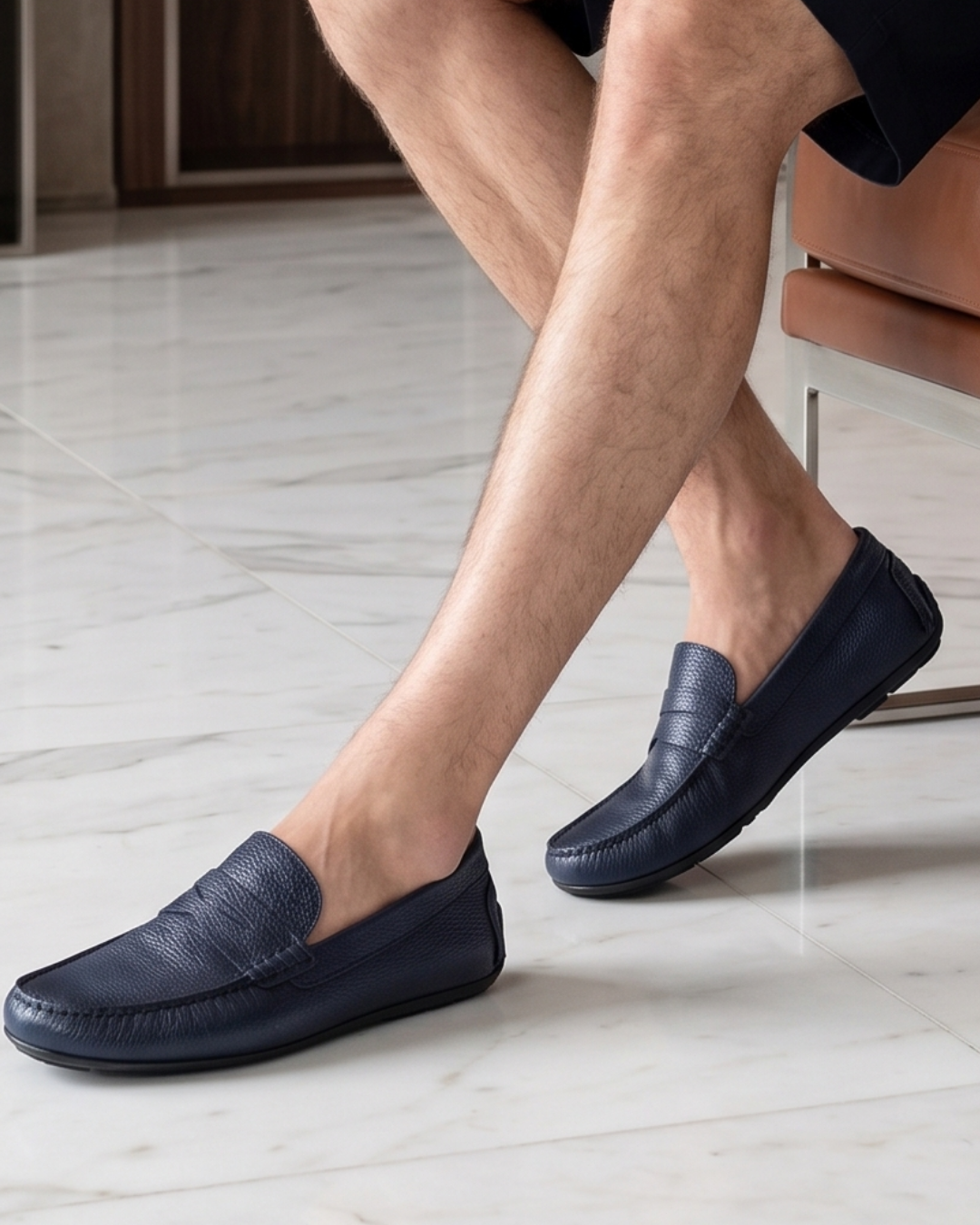 Mocassins Homme en Cuir Bleu Marine Crispé 1 mocassin cuir crispé bleu marine