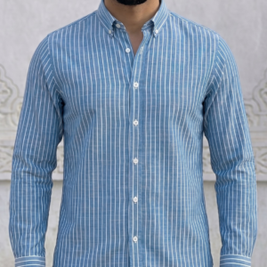 Chemise Lin Homme Turquoise Manche Longue