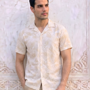 Chemise Homme – Imprimé Feuilles Tropicales – Beige Classique