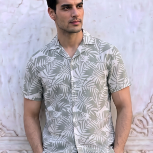 Chemise Homme Manches Courtes – Imprimé Feuilles Vert Sauge